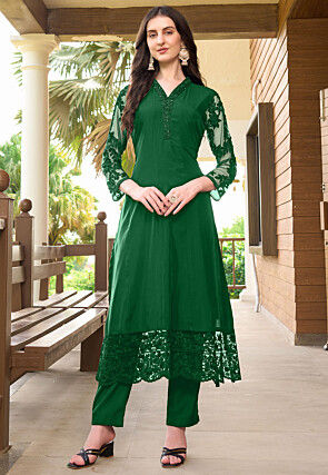 Embroidered Art Silk Straight Kurta Set in Green
