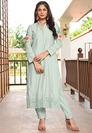 Embroidered Art Silk Straight Kurta Set in Light Green
