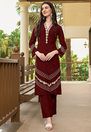 Embroidered Art Silk Straight Kurta Set in Maroon