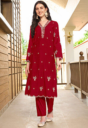 Embroidered Art Silk Straight Kurta Set in Maroon