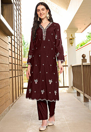 Embroidered Art Silk Straight Kurta Set in Maroon