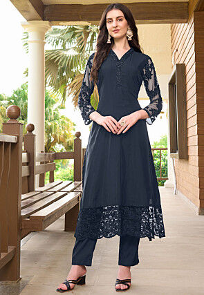 Embroidered Art Silk Straight Kurta Set in Navy Blue