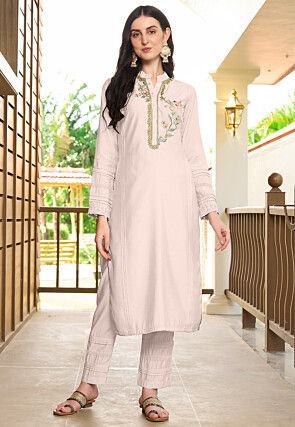 Embroidered Art Silk Straight Kurta Set in Off White