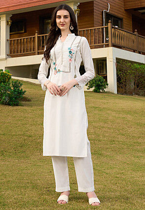 Embroidered Art Silk Straight Kurta Set in Off White