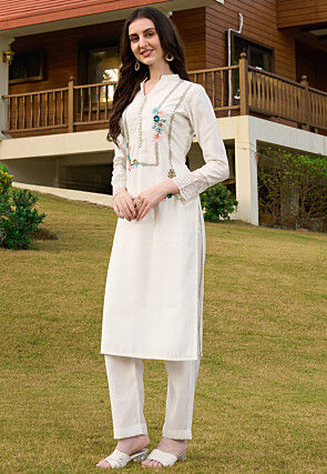 Embroidered Art Silk Straight Kurta Set in Off White