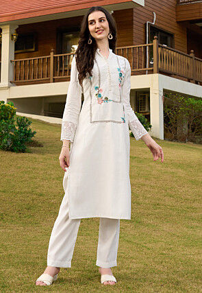 Embroidered Art Silk Straight Kurta Set in Off White