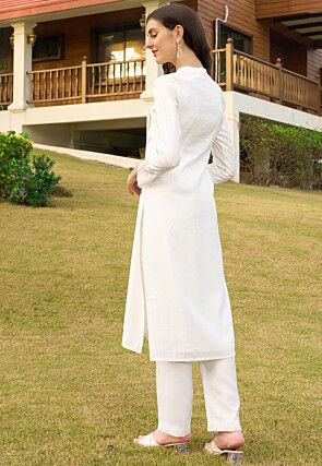 Embroidered Art Silk Straight Kurta Set in Off White