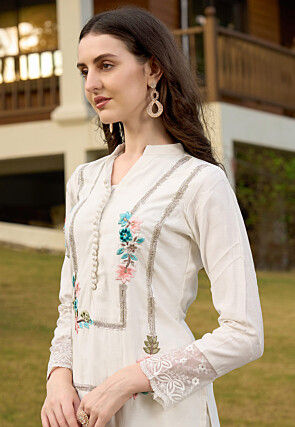 Embroidered Art Silk Straight Kurta Set in Off White