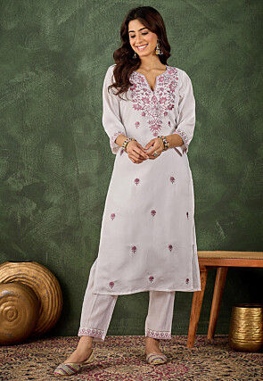 Embroidered Art Silk Straight Kurta Set in Off White