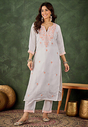 Embroidered Art Silk Straight Kurta Set in Off White