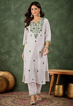 Embroidered Art Silk Straight Kurta Set in Off White