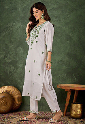 Embroidered Art Silk Straight Kurta Set in Off White
