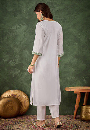 Embroidered Art Silk Straight Kurta Set in Off White