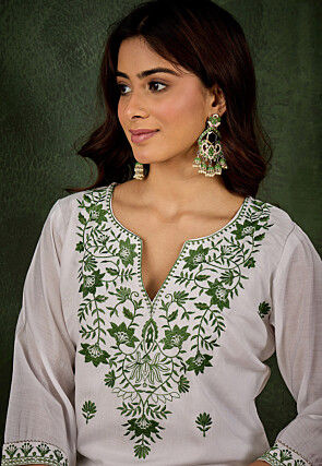 Embroidered Art Silk Straight Kurta Set in Off White