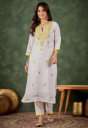 Embroidered Art Silk Straight Kurta Set in Off White