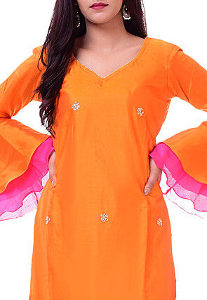 Embroidered Art Silk Straight Kurta Set in Orange