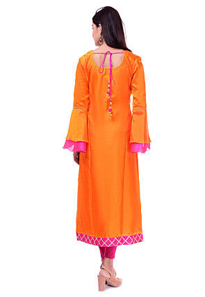 Embroidered Art Silk Straight Kurta Set in Orange