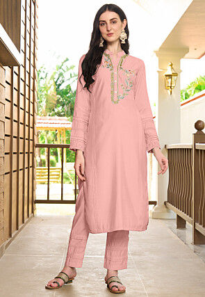 Embroidered Art Silk Straight Kurta Set in Peach
