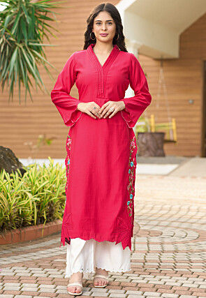 Embroidered Art Silk Straight Kurta Set in Pink