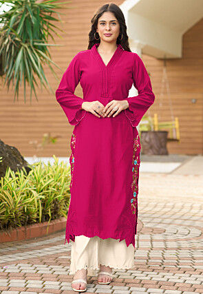 Embroidered Art Silk Straight Kurta Set in Pink