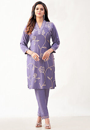 Embroidered Art Silk Straight Kurta Set in Purple