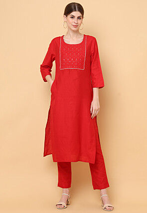 Embroidered Georgette Jacket Style Dress in Red