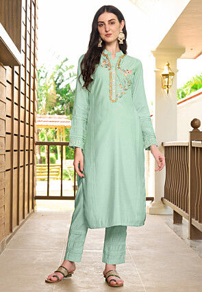 Embroidered Art Silk Straight Kurta Set in Sea Green