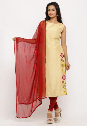 Embroidered Art Silk Straight Suit in Beige