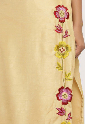 Embroidered Art Silk Straight Suit in Beige