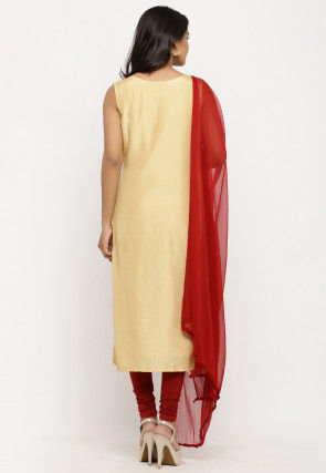 Embroidered Art Silk Straight Suit in Beige