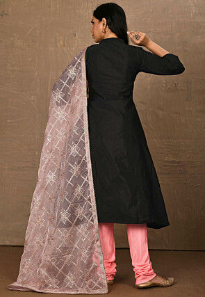 Embroidered Art Silk Straight Suit in ?Black