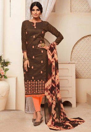 Embroidered Art Silk Straight Suit in Brown
