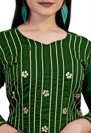 Embroidered Art Silk Straight Suit in Dark Green