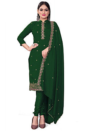 Embroidered Art Silk Straight Suit in Green