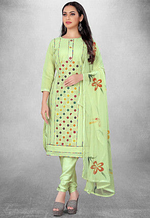 Embroidered Art Silk Straight Suit in Light Sea Green