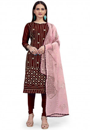 Embroidered Art Silk Straight Suit in Maroon