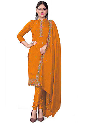 Embroidered Art Silk Straight Suit in Mustard