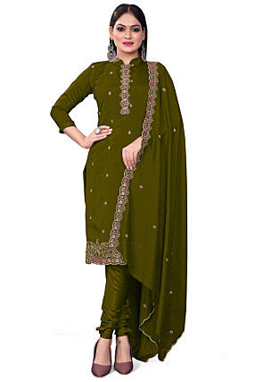 Embroidered Art Silk Straight Suit in Olive Green