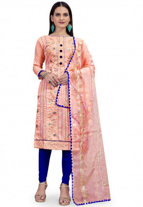 Embroidered Art Silk Straight Suit in Peach