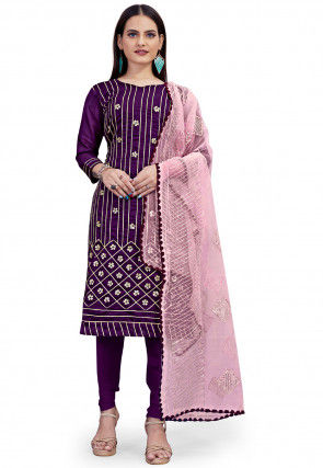 Embroidered Art Silk Straight Suit in Purple