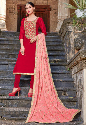 Embroidered Art Silk Straight Suit in Red