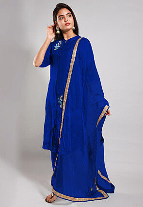 Embroidered Art Silk Straight Suit in Royal Blue