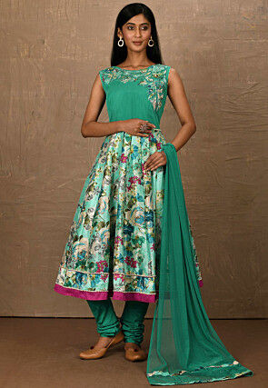 Embroidered Art Silk Straight Suit in Sea Green