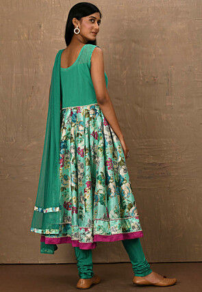 Embroidered Art Silk Straight Suit in Sea Green