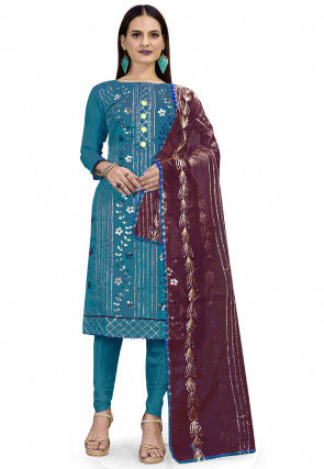 Embroidered Art Silk Straight Suit in Teal Blue