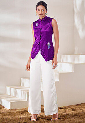 Embroidered Art Silk Top in Purple