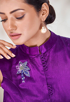 Embroidered Art Silk Top in Purple