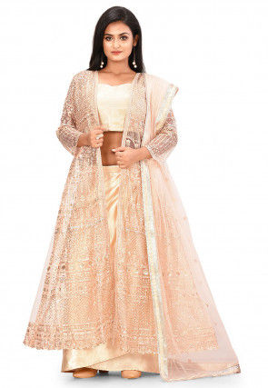 Embroidered Art Silk Top Jacket Set in Beige