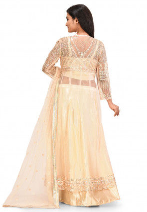 Embroidered Art Silk Top Jacket Set in Beige