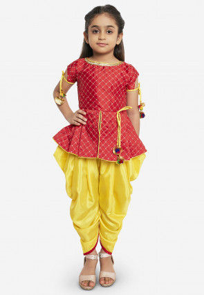 Embroidered Art Silk Top N Dhoti Pant in Red and Yellow